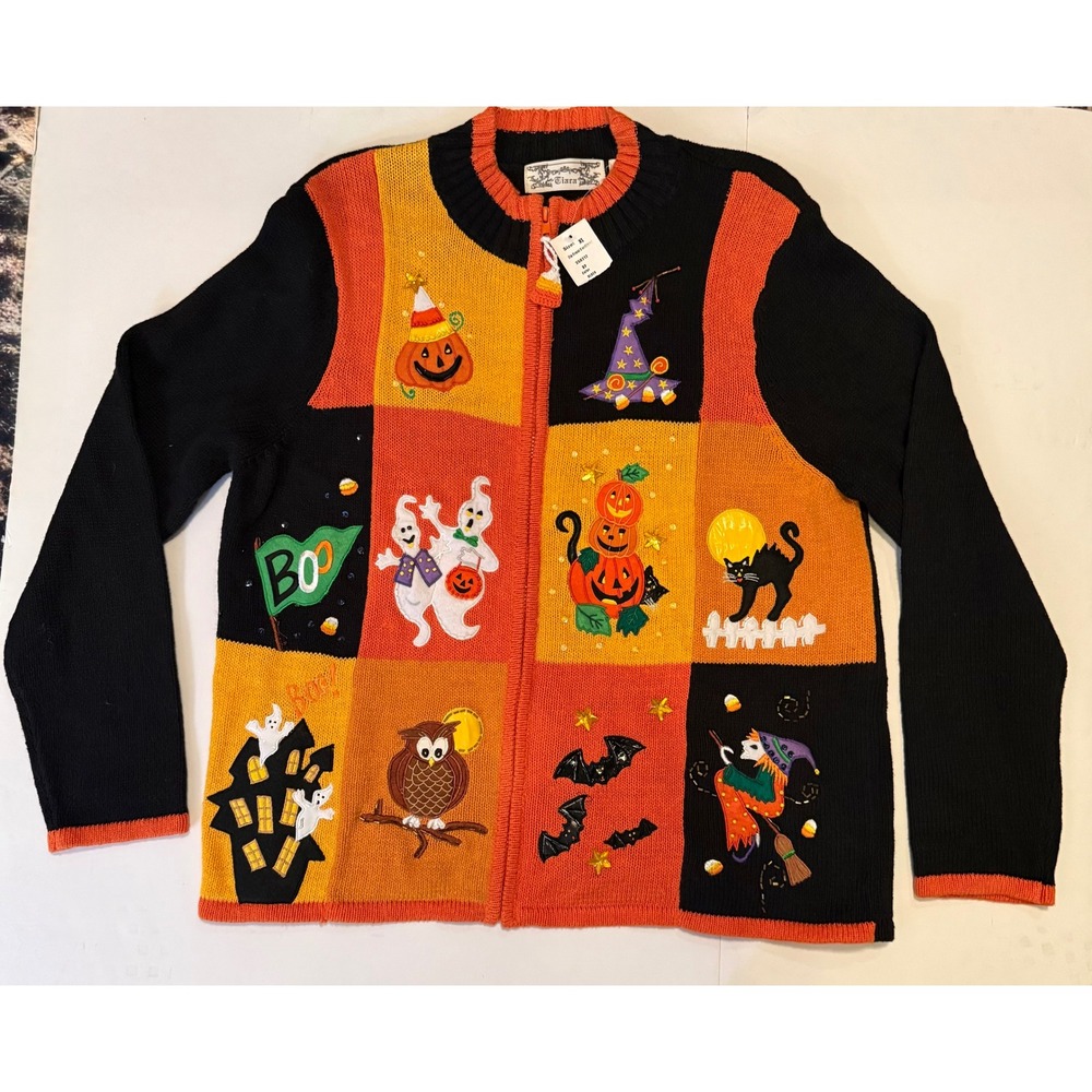 VTG Tiara International Halloween Zip Cardigan Sweater XL Black Orange NWT